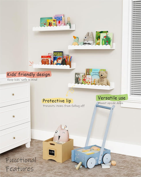 Set 4, Harwaya Scalloped Nursery Floating Shelves for Wall of White Kids Book Shelves Wall Mounted, Cloud Hanging