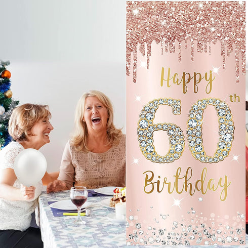60th Birthday Door Banner Decorations for Women, Pink Rose Gold Happy 60th Birthday Poster Sign Decor