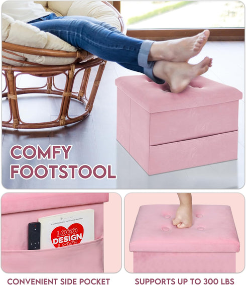 16"x12"x12" ZOES HOMEWARE Small Storage Ottoman Foot Rest, Velvet Ottoman with Storage and Side Pocket, Pink Foot Rest
