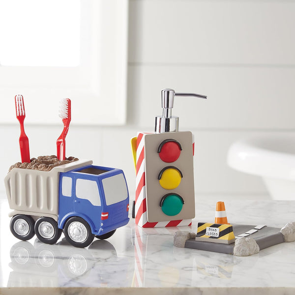 dream FACTORY Trains and Trucks Kids Bathroom Accessories Set - 3-Piece Organizer