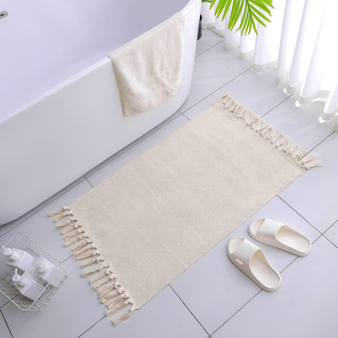 Boho Bathroom Rug 2'x3',Hand Woven Tassel Solid Color Area Rug, Washable Bedroom Runner mat for Laundry Kitchen Outdoor Bathroom Dorm entryway by JE JOUE