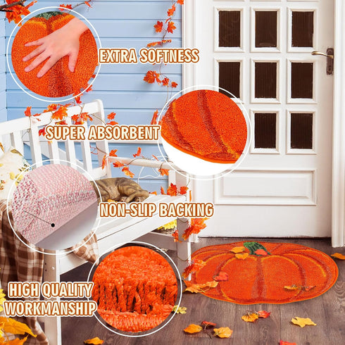 Fall Bathroom Rug, Cute Pumpkin Shape Bath Mat, Non Slip Shower Rugs for Kitchen Bedroom Living Room Decor