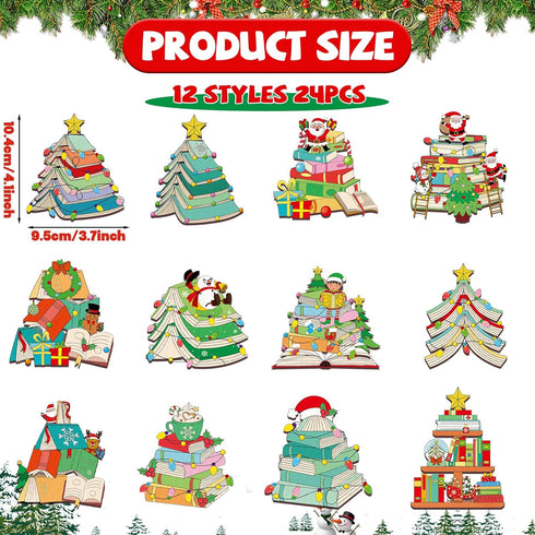 24Pcs Christmas Wooden Book Ornaments Book Lovers Gifts Xmas Tree Reading Ornament Bookshelf Hanging Wood Signs Crafts
