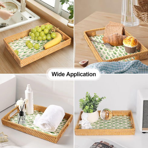 13"9") Rectangle Rattan Tray with Mother of Pearl Inlay, Rattan Serving Tray with Handle for Coffee, Bread, Fruits