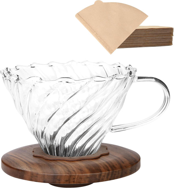 Pour Over Coffee Dripper with 100 pcs Size 02 Paper Filter, Borosilicate Glass & Walnut Collar, 1-3 Cups, Clear