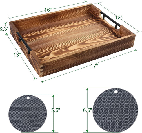 17x13'' 2 LotFancy Large Ottoman Tray for Living Room, Wood Serving Tray with Handles, Home Dcor for Coffee Table