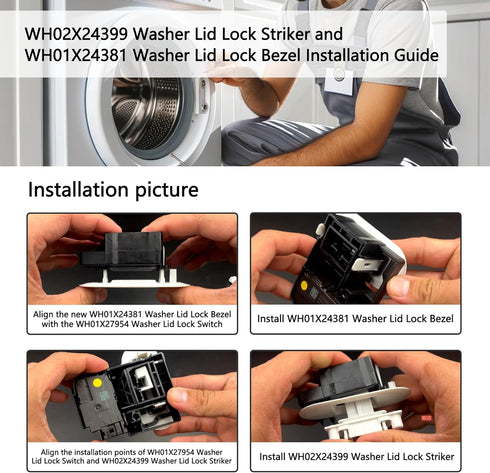WH02X24399 Washer Lid Lock Strike and WH01X24381 Bezel Compatible for GE Hotpoint Top Washer Replacement Parts