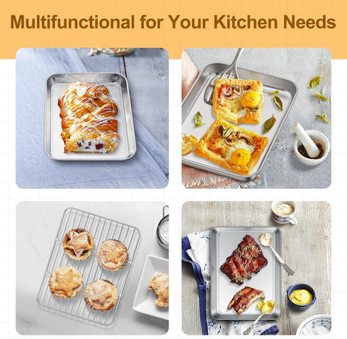 TeamFar Toaster Oven Tray and Rack Set, 9.3’’ x 7’’ x 1’’, Stainless Steel Non Toxic & Healthy, Easy Clean