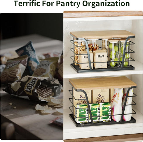 2 Pack Potato and Onion Storage Bins, Stackable Kitchen and Pantry Organizer with Bamboo Top & Lightweight PP Mat