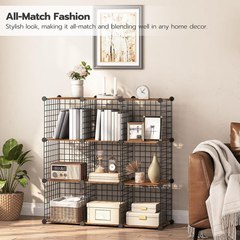 HOOBRO 9-Cube Wire Storage Organizer, Metal Grid Shelf, Modular Cabinet for Living Room, Bedroom, Rustic Brown and Black