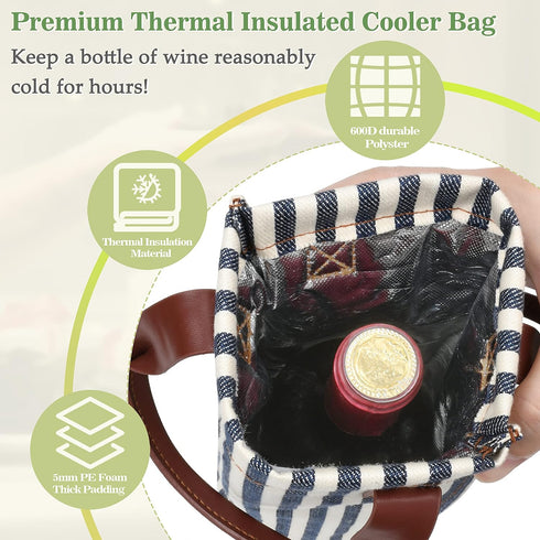 Tirrinia Insulated Single Wine Gift Tote Bag, Padded Thermal Wine Bottle Carrier for Travel, Picnic, Blue Stripe