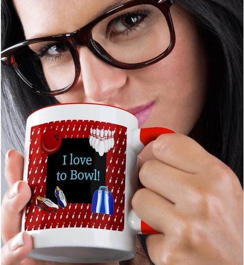3dRose I Love Bowling Pins Ball Shoes and Bag - Red Blue and White Two Tone Mug, 11oz