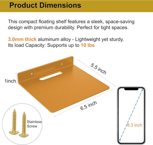 3mm 6.5 inch, 1pcs) Small Floating Shelf Thick, Wall Shelf, Metal Floating Shelves for Echo, Cameras, Small Speaker