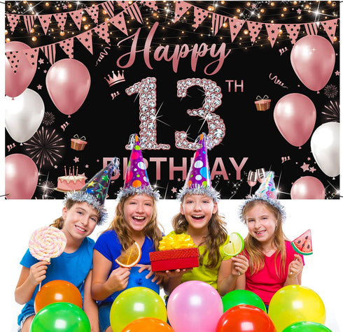 13th Birthday Decorations Backdrop Banner, Happy 13th Birthday Sign for Girls, Rose Gold Photography Background