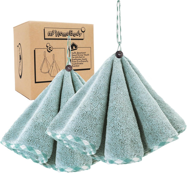 myHomeBody Hand Towels Set of 2, Absorbent Charcoal Fiber Cleaning Cloths with Hanging Loops, Pine Green