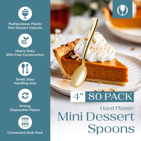Posh Setting Plastic Mini Gold Spoons, 4 inch Disposable Dessert Spoon, Tiny Appetizer Spoon Golden (80 Pack)