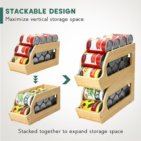 Bamboo Can Organizers and Storage for Pantry, Stackable Beverage Drink Holders, 2 Pack