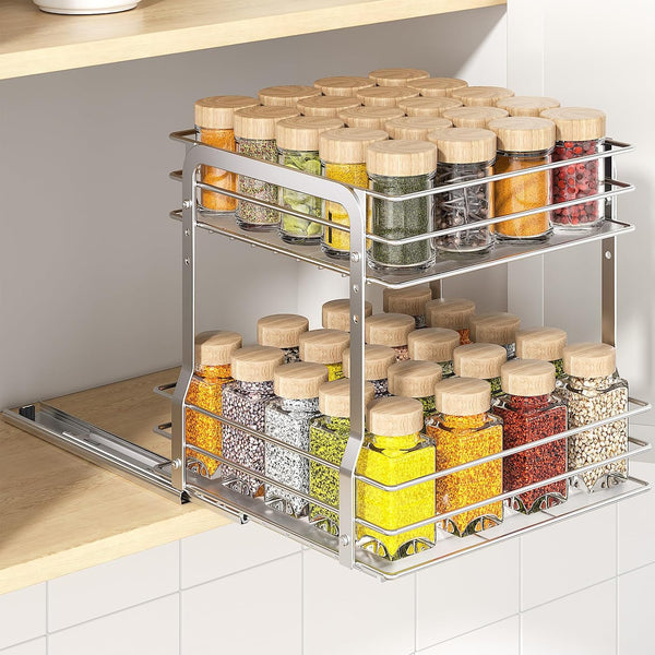 PanPanPal Pull Out Spice Rack Organizer for Inside Cabinet, 2 Tier Metal