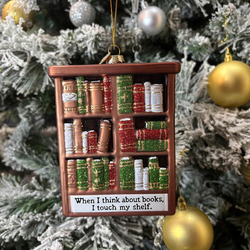 HolyHaHa 5" When I Think About Books, I Touch My Shelf, Funny Glass Blown Bookshelf Ornament, Gag Gifts for Readers