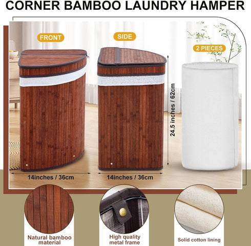 Gueevin Corner Laundry Hamper with Lid, 2 Removable Cloth Liners, Bamboo Corner Basket for Bedroom Bathroom Storage