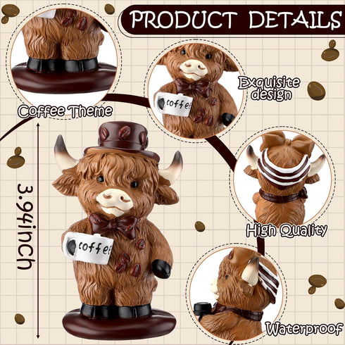 Foilswirl 3 Pcs Coffee Highland Cow Figurines for Book Shelf Desk Decor, Highland Cows Themed Gifts Resin Statue Cow
