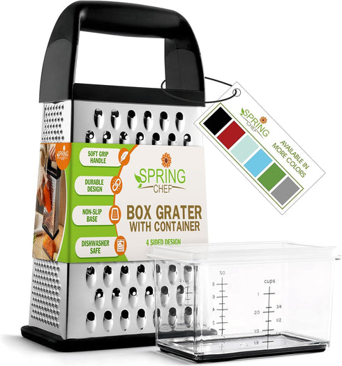 Spring Chef 10" Professional Parmesan Cheese Grater with Container, 4 Sided Kitchen Cheese Shredder, Black Soft Grip