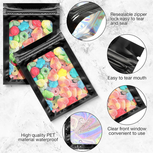 Marspark 200 Pieces Resealable Foil Bags, 3 x 4.7 Inch with Clear Window for Food Storage (Black)