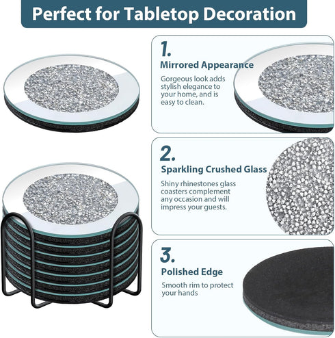 6 Set, 4 Inches Pcs Glass Mirrored Coasters for Drinks with Holder, Mckanti Crushed Diamond Coaster Silver Crystal Wine