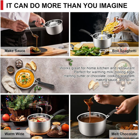 Joyfair 2 Quart Stainless Steel Saucepan with Glass Lid, Heavy Gauge Metal for Cooking, Boiling, Stewing