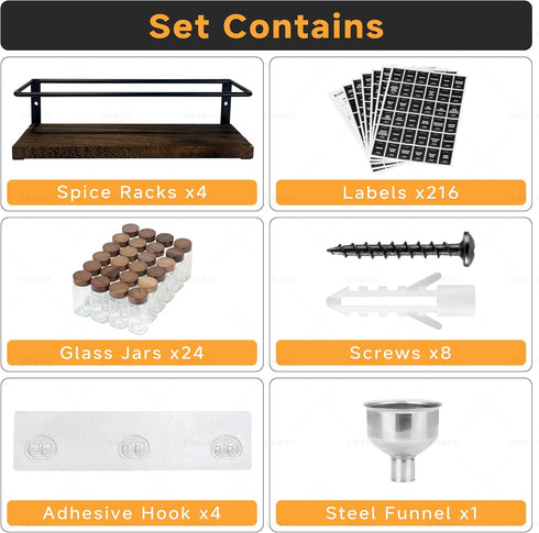 4-Tier 24 216 11.6L 2.4W 3.2H Wall Mount Spice Rack Organizer with Glass Jars, Labels & Funnel - Screw/Adhesive Mount