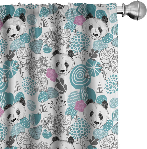 Lunarable Panda Window Curtains, 2-Panel Set with Portraits of Chinese Bears on Sketch Flowers, 28" x 63", Blue Grey