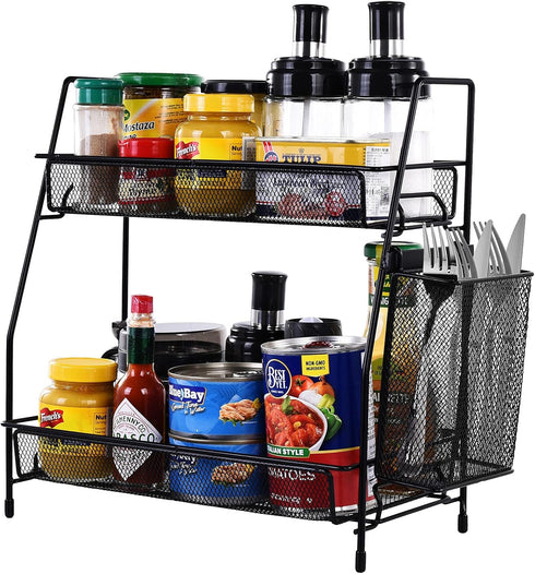 LEMIKKLE Bathroom Countertop Organizer, Bedroom Organizer, Kitchen Spice Rack Shelf with Small Basket (Black)