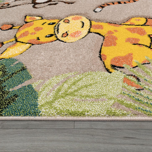 Size:2'8" 4'11" Paco Home Nursery Rug for Kids - Jungle Animals Giraffe Lion Monkey in Beige, x