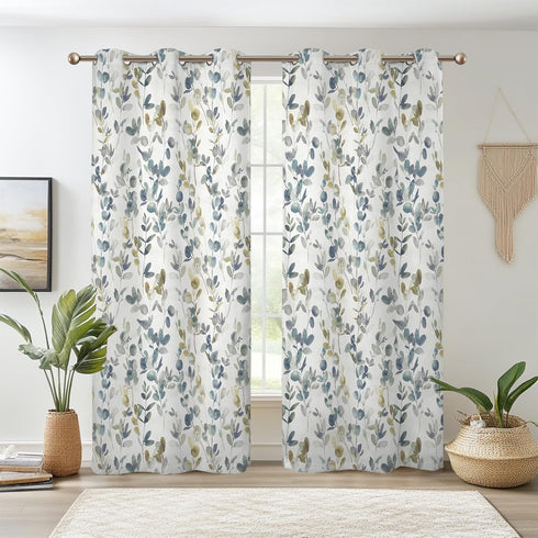 Renaiss Botanical Herbs Blackout Curtains, Vintage Eucalyptus Leaf Thermal Insulated Bedroom Window
