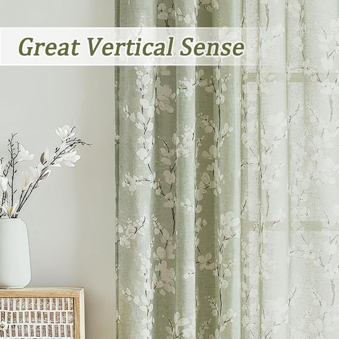 FMFUNCTEX Linen Sheer Curtains for Bedroom - Sage Green Blossom Print, 84 Inches Long, Floral Patterned Farmhouse