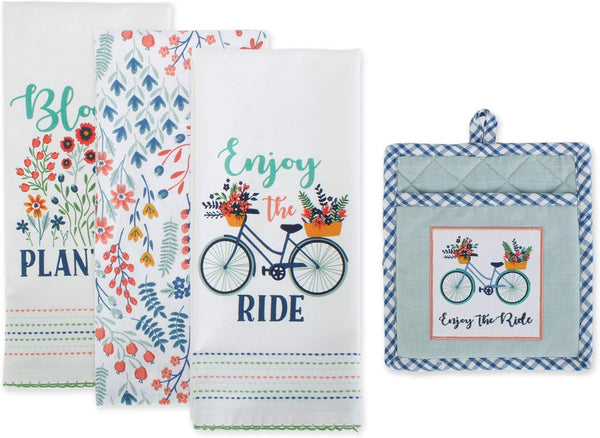 DII Kitchen Gift Set, Pot Holder & 3 Dish Towels, Enjoy The Ride, 4 Piece Collection