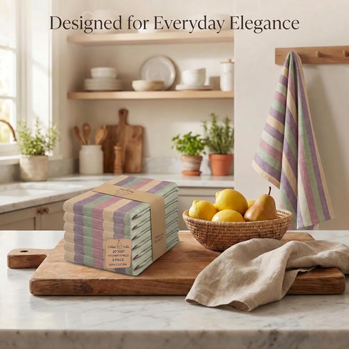 Set 6 20" X30 100% Urban Villa Kitchen Towels Harvest Stripes Dish Towels of Cotton Highly Absorbent Quick Drying Dish