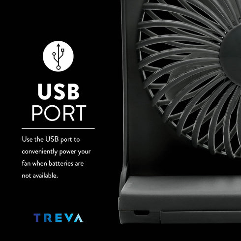 Treva 5-Inch USB & Battery Powered Desk Fan, Two Cooling Speeds, Adjustable Tilt, Durable Small Fan for Cubicle (Black)