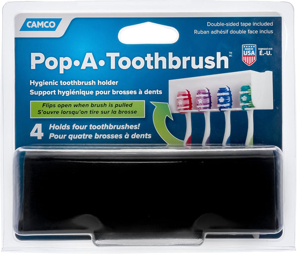 Camco Pop-A-Toothbrush, Hygienic Toothbrush Holder, Holds 4 toothbrushes, Black (57207)