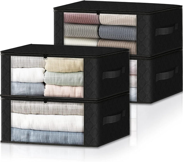 HomeHacks 4-Pack Clothes Organizer Storage Bags - Foldable Box with Clear Window and Sturdy Handles for Closet, 35L,