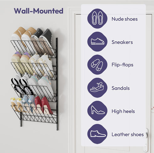 4 SWTYMIKI Over the Door Shoe Organizer - Adjustable Tier Hanging Shoe Rack Organizer, Metal Heavy Duty Behind Door