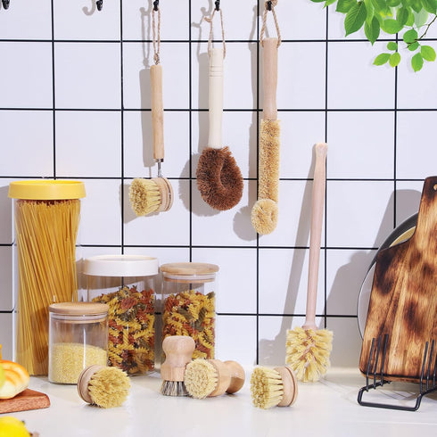 8 Pcs Bamboo Dish Brush Dish Washing Scrub Bottle Brush Wooden Palm Pot Brush Cleaning Scrubbers with Natural Sisal