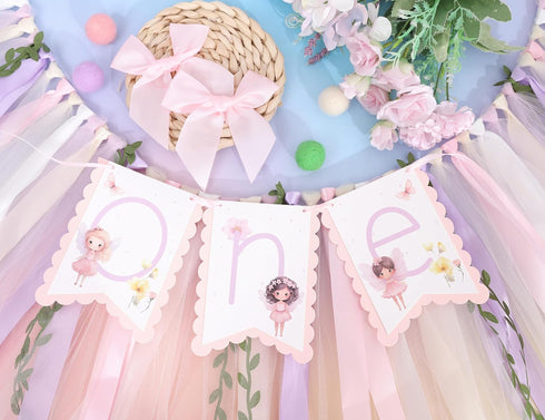 1st Fairy One High Chair Banner - Little Fairy Birthday Party Decoration,Sweet Floral Highchair Banner