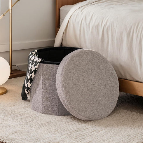 15" Round Storage Ottoman, Foldable Foot Stool with Hidden Storage&Folding Ottoman for Living Room Bedroom, Portable