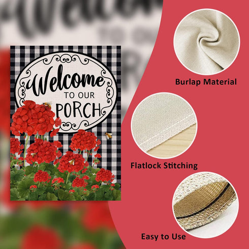 Welcome to Our Porch Geranium Spring Summer House Flag, 28x40, Black White Buffalo Plaid Check Garden Decoration