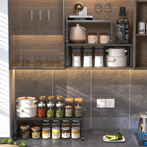 Countertop, (1Pack/Black,Large) Expandable Adjustable Cabinet Shelf Organizer - Stackable Metal Spice Rack for Kitchen