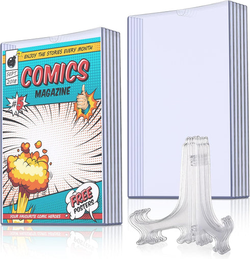 Comic Book Display Case Set, Include Comic Book Sleeves and Clear Plastic Easels, 7.6 x 10.7 Inch Magazine Protectors