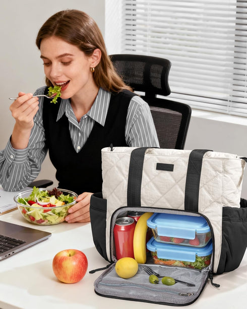 Bagstellar 15.6 Inch Puffer Lunch Tote Bag for Women, Laptop Work Bag with Insulated Lunch Compartment & Large Cup
