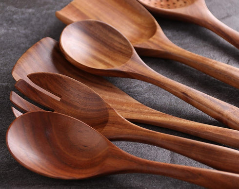 Wooden Spoons for Cooking, 6 Pcs Natural Teak Wood Non-Stick Utensils Set for Kitchen