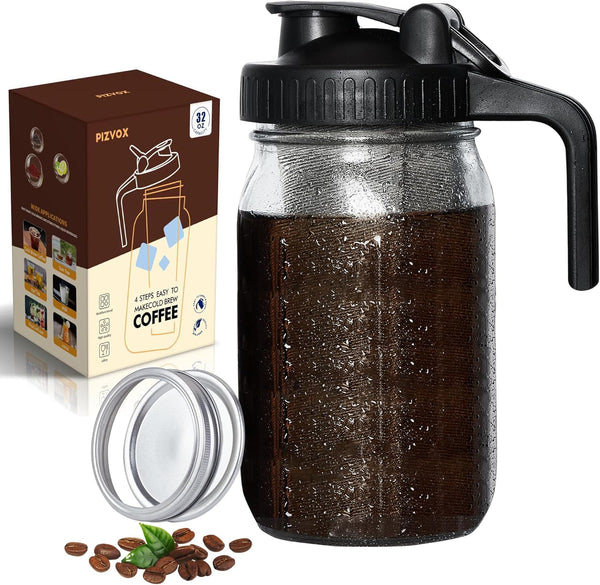 Cold Brew Coffee Maker Pitcher, 32oz Thick Glass Mason Jar with Spout Lid, Stainless Steel Filter for Iced Brew Coffee